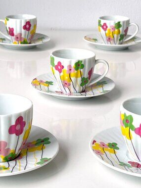 Alpine Cuisine Aramco Imports Porcelain Floral Demitasse Cup & Saucer Set of 10